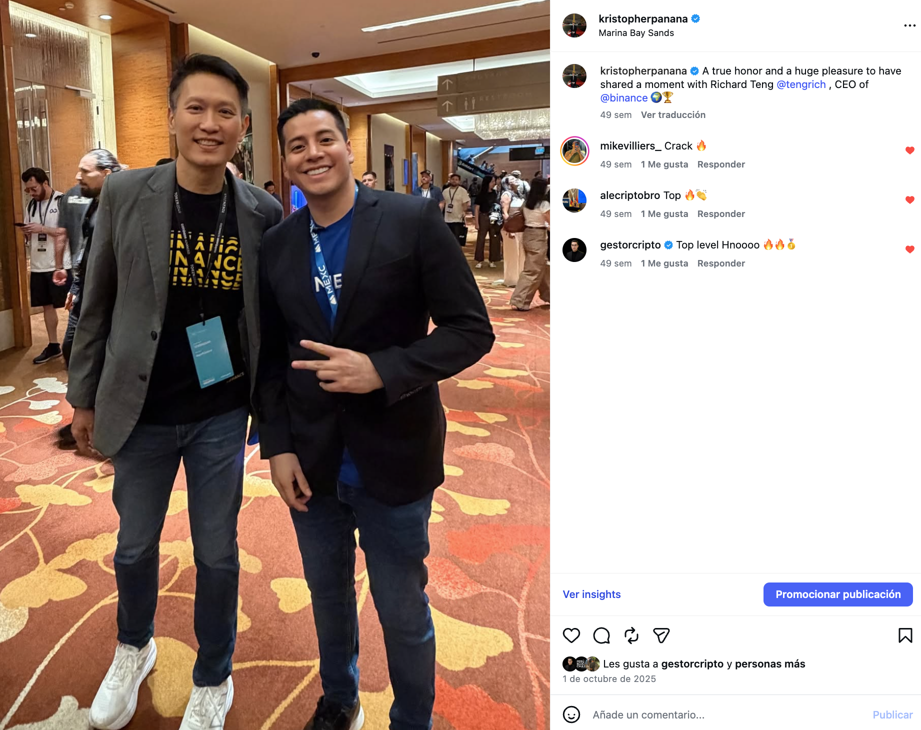 Meeting with Richard Teng, global CEO of Binance, at Marina Bay Sands during TOKEN2049 Singapore.