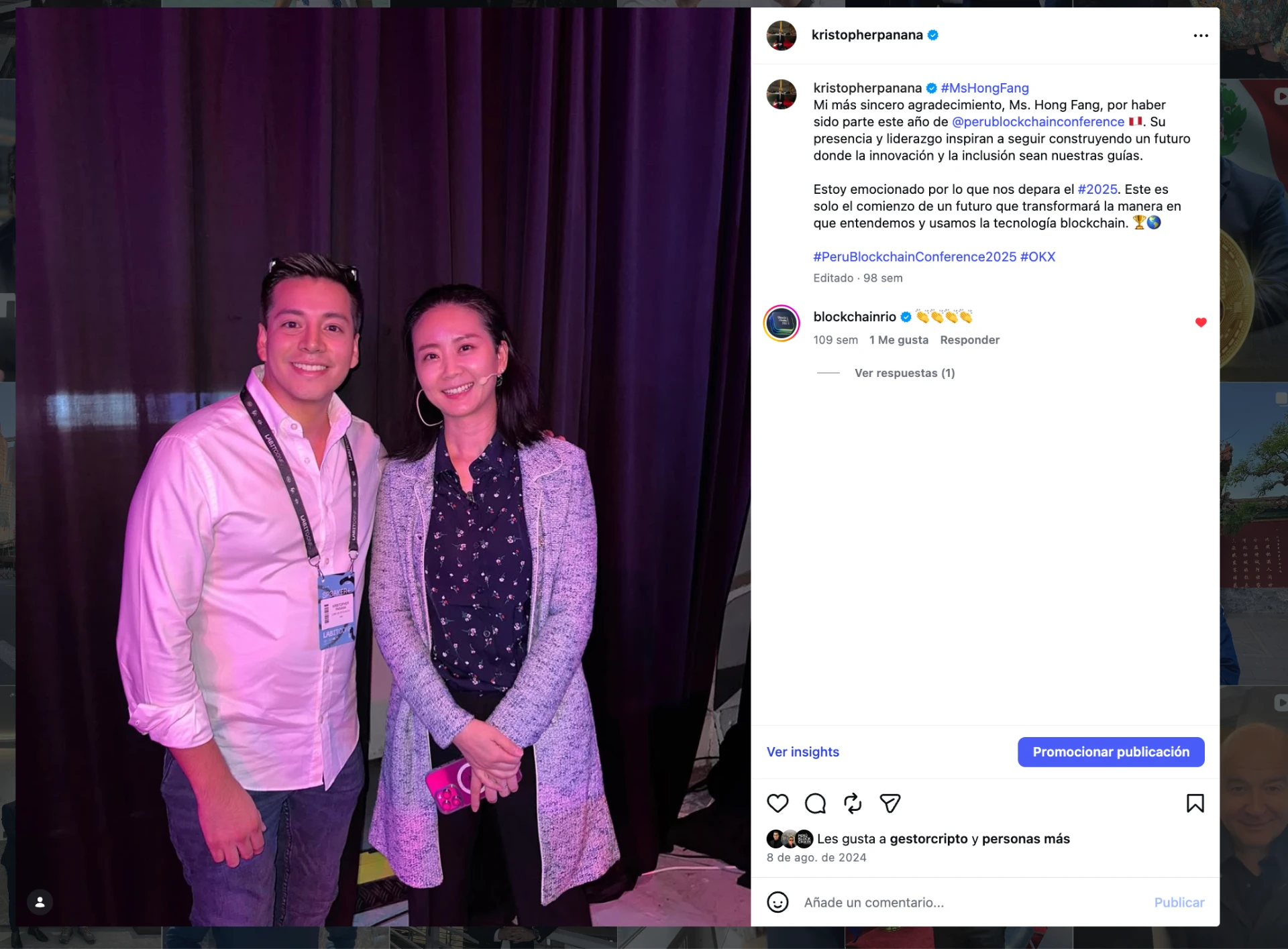Alongside Hong Fang, President of OKX, during Peru Blockchain Conference, driving innovation and inclusion in blockchain.